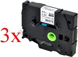 Komplet Brother HSe-221 / HS-221 / PT / P-Touch 8,8mm, termoskupljajuća cijev (heat shrink tube), zamjenske trake (cijevi) (3) - crni ispis / bijela traka (cijev)