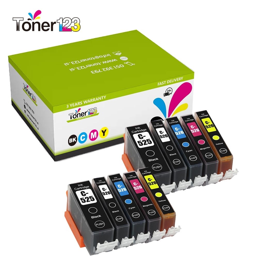Komplet Canon 2× PGI-525BK + 8× CLI-526 (BK,C,M,Y) / PGI525 + CLI526 / Canon pixma iP-4850, 4950/ IX-6550/ MG-5150, 5250, 5350, 5350S, 6150, 6250, 8150, 8250/  MX-715, 885, 895 zamjenske tinte (10) - 2× crna, 2× crna, 2× cijan, 2× magenta, 2× žuta