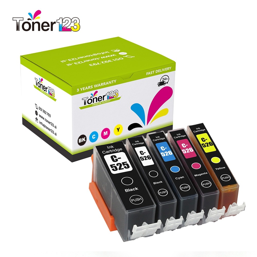 Komplet Canon PGI-525BK + 4× CLI-526 (BK,C,M,Y) / PGI525 + CLI526 / Canon pixma iP-4850, 4950/ IX-6550/ MG-5150, 5250, 5350, 5350S, 6150, 6250, 8150, 8250/  MX-715, 885, 895 zamjenske tinte (5) - crna, crna, cijan, magenta, žuta
