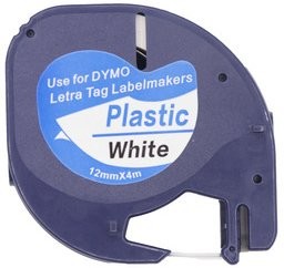 Zamjenska LT traka za Dymo 91201 / S0721610 / Letratag LT-100H, LT-100T, LT-110T, QX 50, XR, XM, 2000, 12mm x 4m (1/2" x 13") - crni ispis / bijela traka