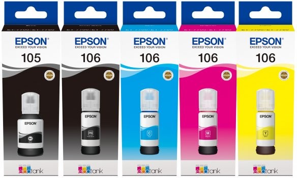 Komplet Črnil Epson 105 + 106 / EcoTank L7180, L7160 - pigment crna, foto crna, cijan, magenta, žuta (original)