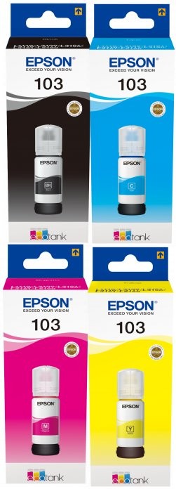 Komplet Črnil Epson 103 / EcoTank L5190, L3160, L3156, L3151, L3150, L3111, L3110, L1110 - crna, cijan, magenta, žuta (original)