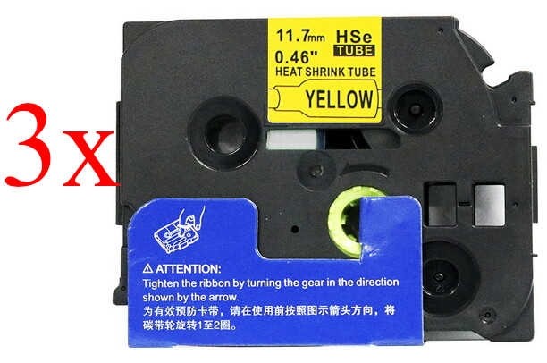 Komplet Brother HSe-631 / HS-631 / PT / P-Touch 11,7mm, termoskupljajuća cijev (heat shrink tube), zamjenske trake (cijevi) (3) - crni ispis / žuta traka (cijev)